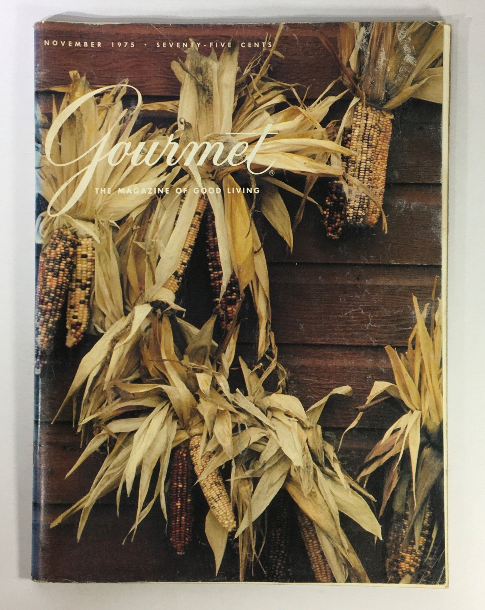 Cover of VTG Gourmet The Magazine of Good Living, November 1975 featuring dried corn decorations, showcasing the issue titled 'A Congress Dines'.