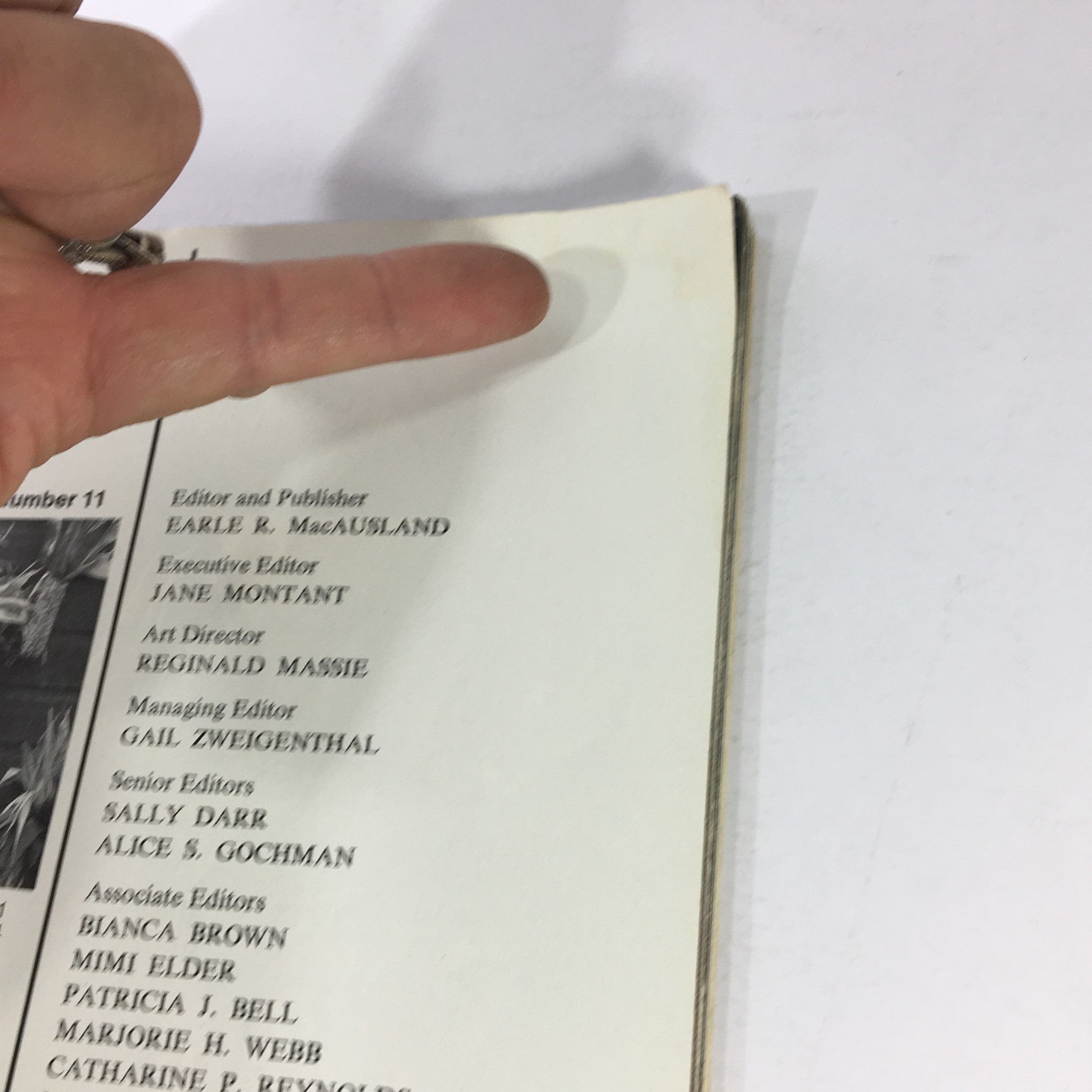 Inside page of VTG Gourmet The Magazine of Good Living, November 1975 displaying editorial credits including names like Earle R. MacAusland and Jane Montant.