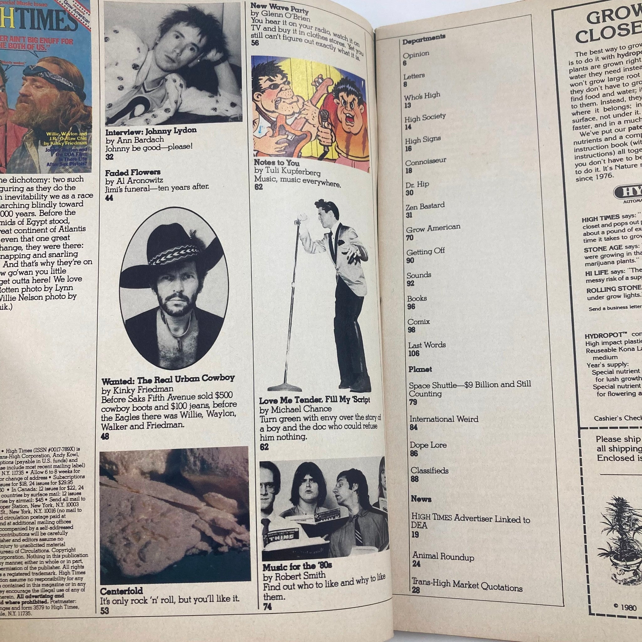 Interior page of VTG High Times Magazine November 1980, showcasing content such as interviews, articles, and features related to rock music and pop culture during the era.