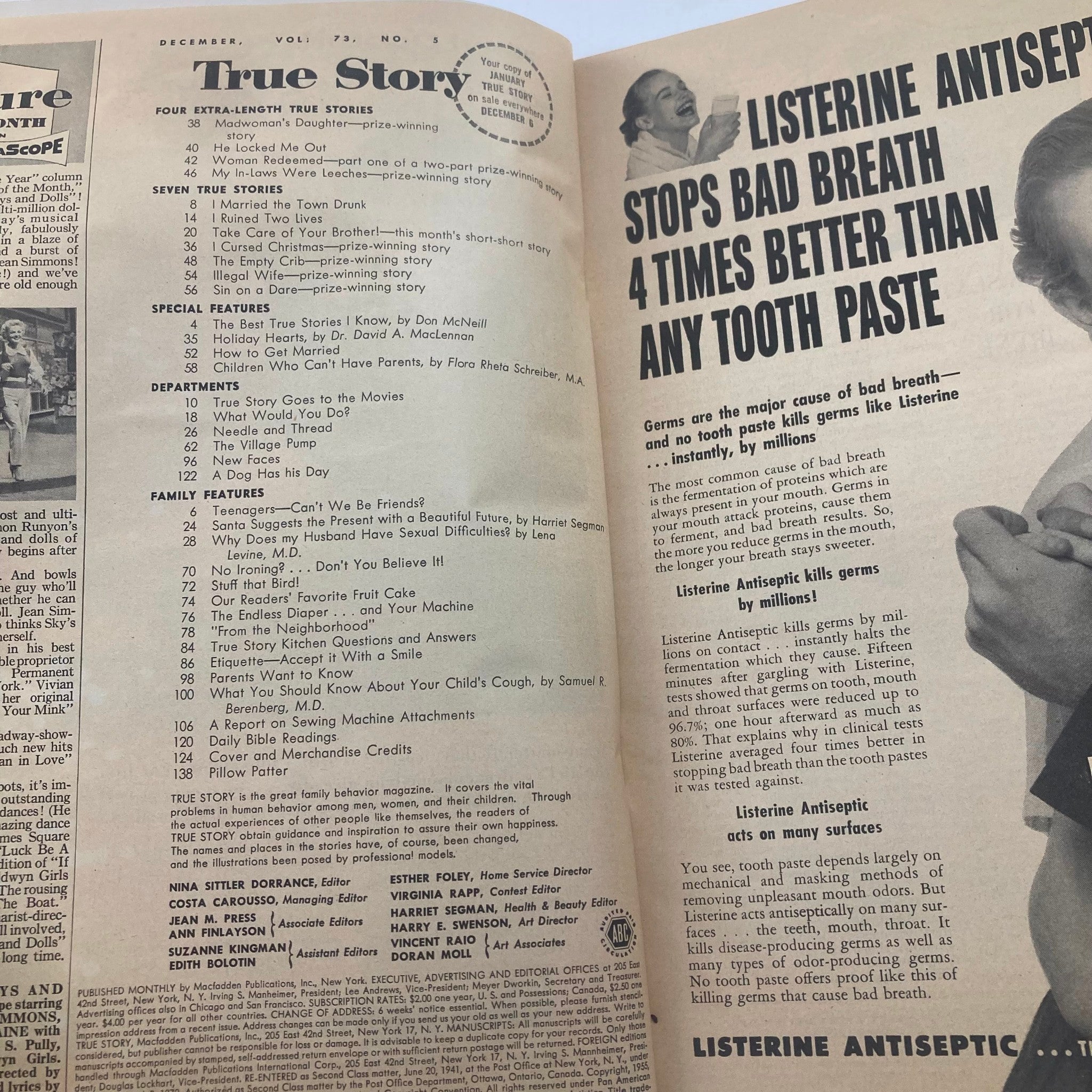 Inside spread of VTG True Story Magazine December 1955 Vol 73 No. 5, showcasing article titles and features, including 'I Cursed Christmas' and advertisements relevant to mid-20th century lifestyle.