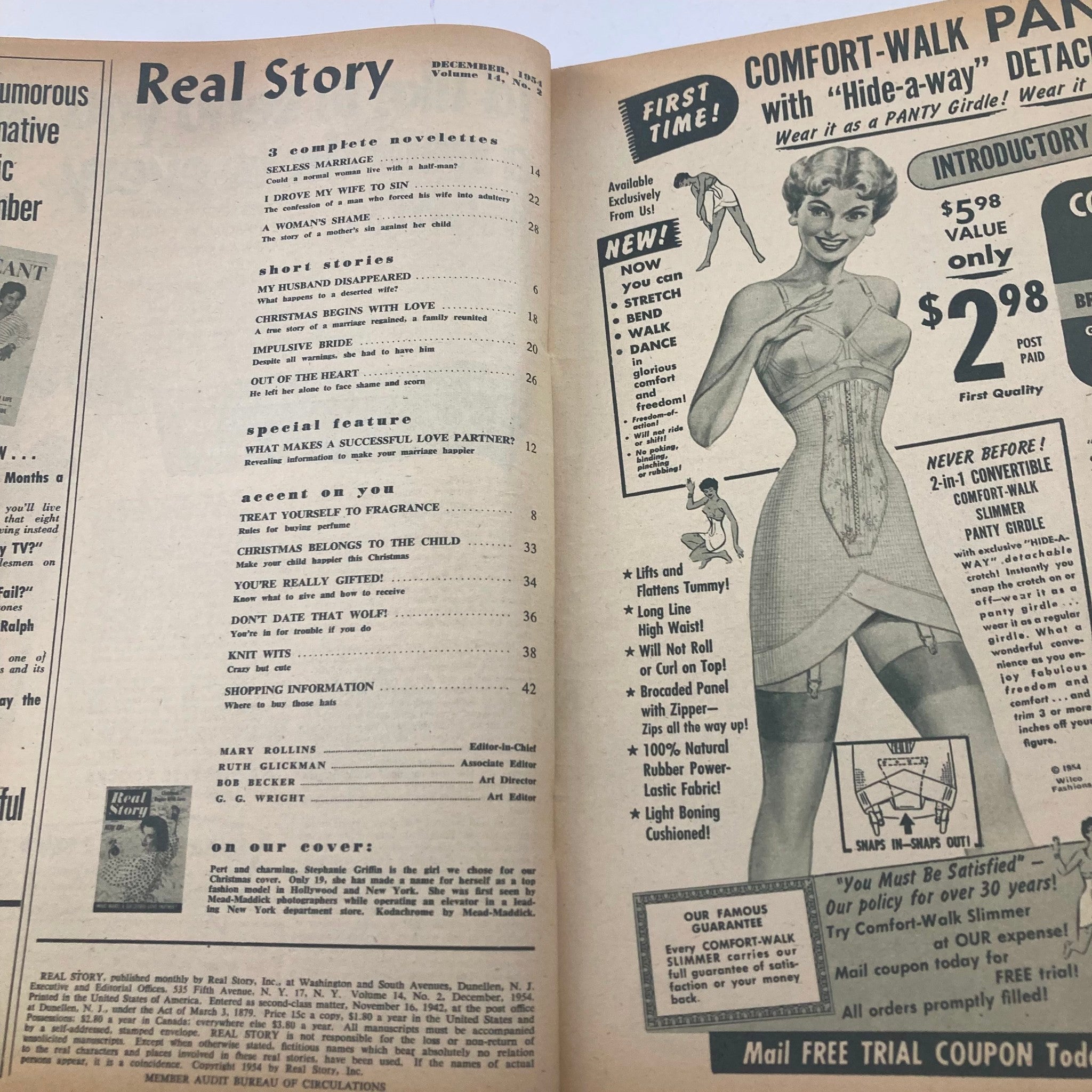Interior page of VTG Real Story Magazine December 1954 showcasing articles and advertisements including a feature about 'What Makes a Successful Love Partner?'.