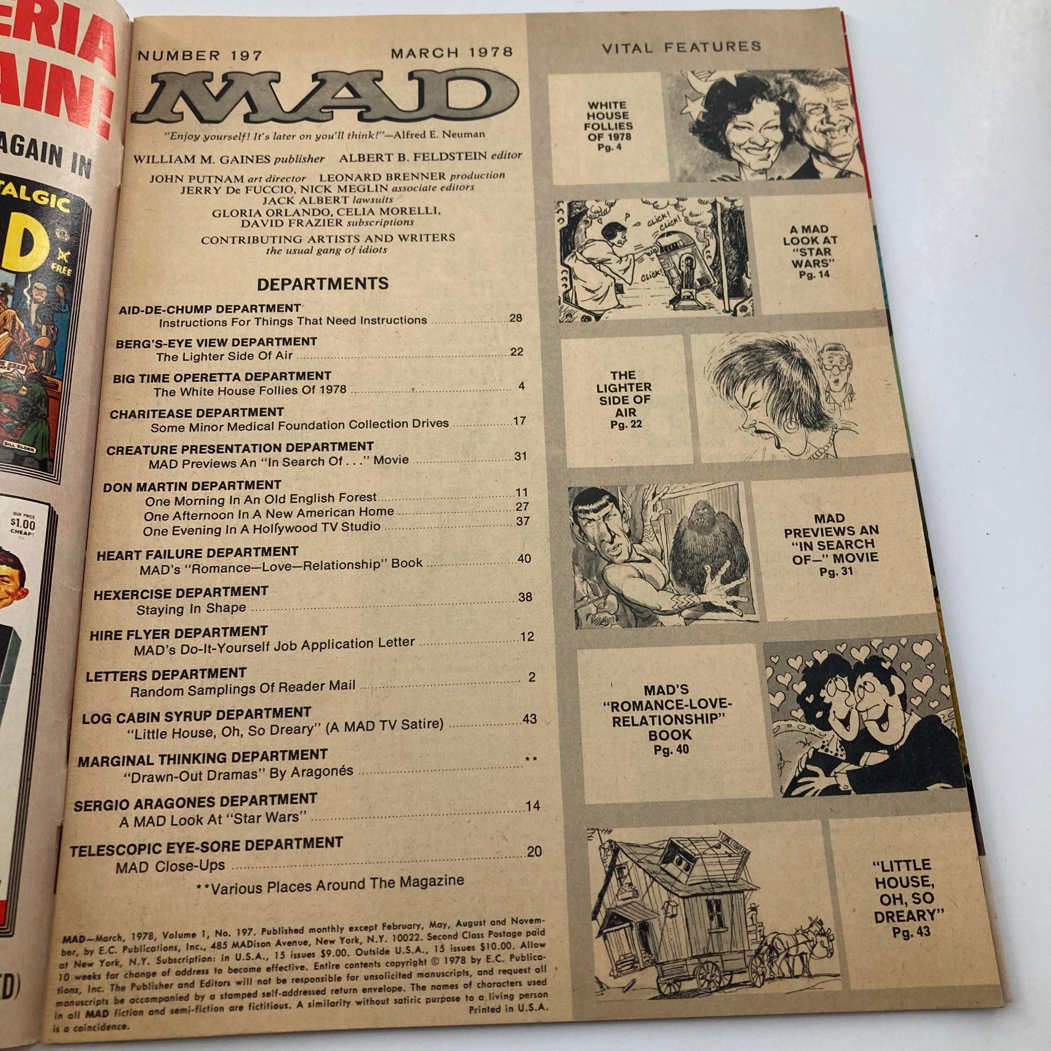 Mad Magazine March 1978 No. 197 cover featuring the table of contents and various comedy departments, highlighting political satire and vintage humor.