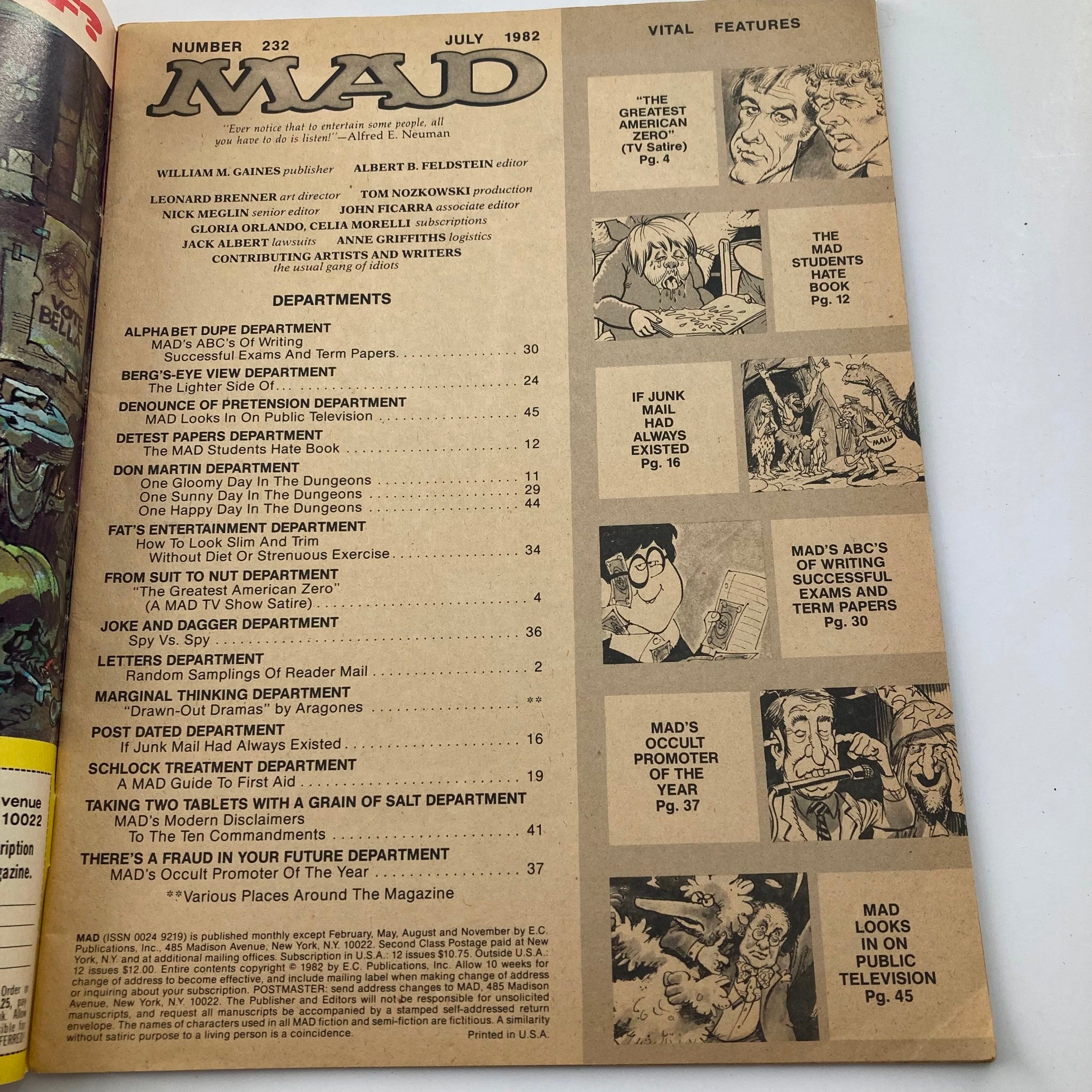 Interior page of Mad Magazine July 1982 No. 232 displaying the table of contents and various features, highlighting the magazine's signature comic style and satirical content.