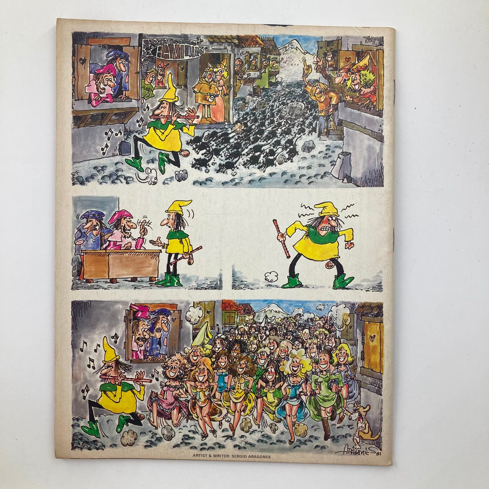 Back page of Mad Magazine July 1982 No. 232 showcasing an illustrated comic strip by Sergio Aragones, featuring humorous characters and lively scenes, exemplifying the magazine's comedic flair.