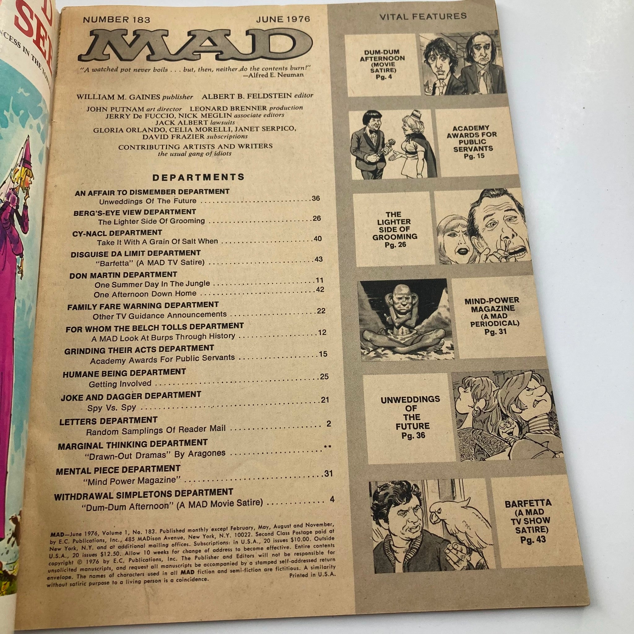 Table of contents from Mad Magazine June 1976 No. 183 listing various departments and features including 'Dum-Dum Afternoon' and other satirical articles.
