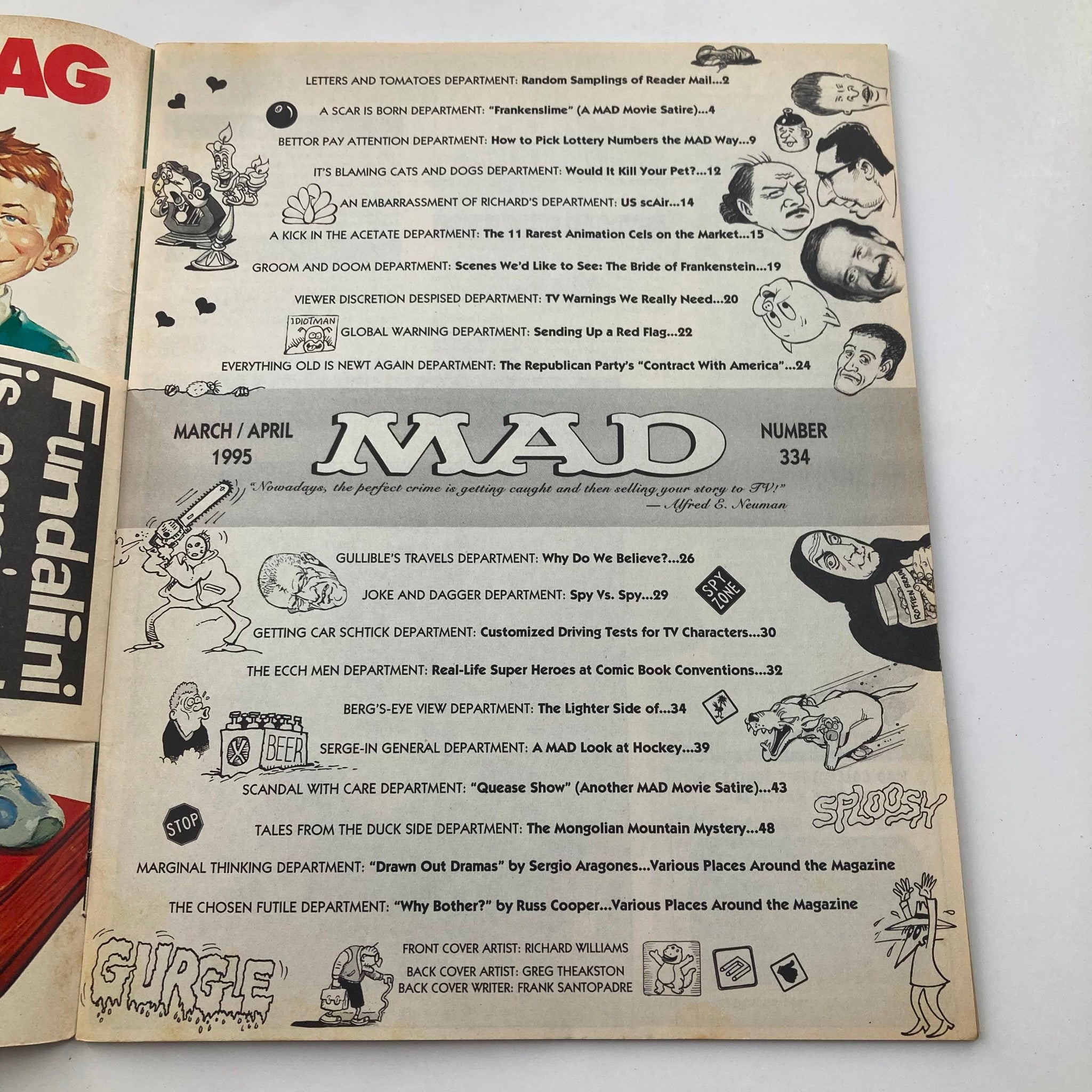 Interior page of Mad Magazine March 1995 No. 334 displaying the table of contents with various comedic sections and illustrations.