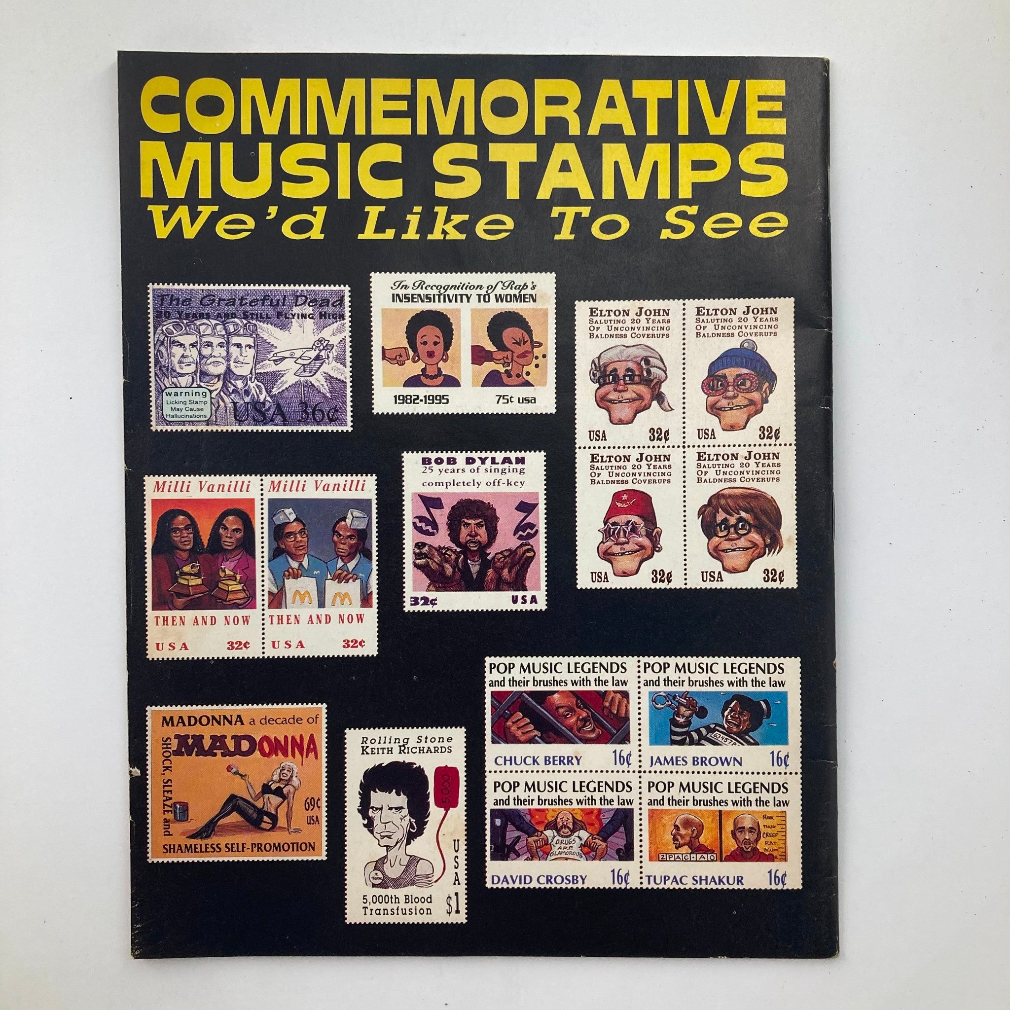 Back cover of Mad Magazine March 1995 No. 334 highlighting commemorative music stamps we'd like to see, featuring popular music icons from the era.