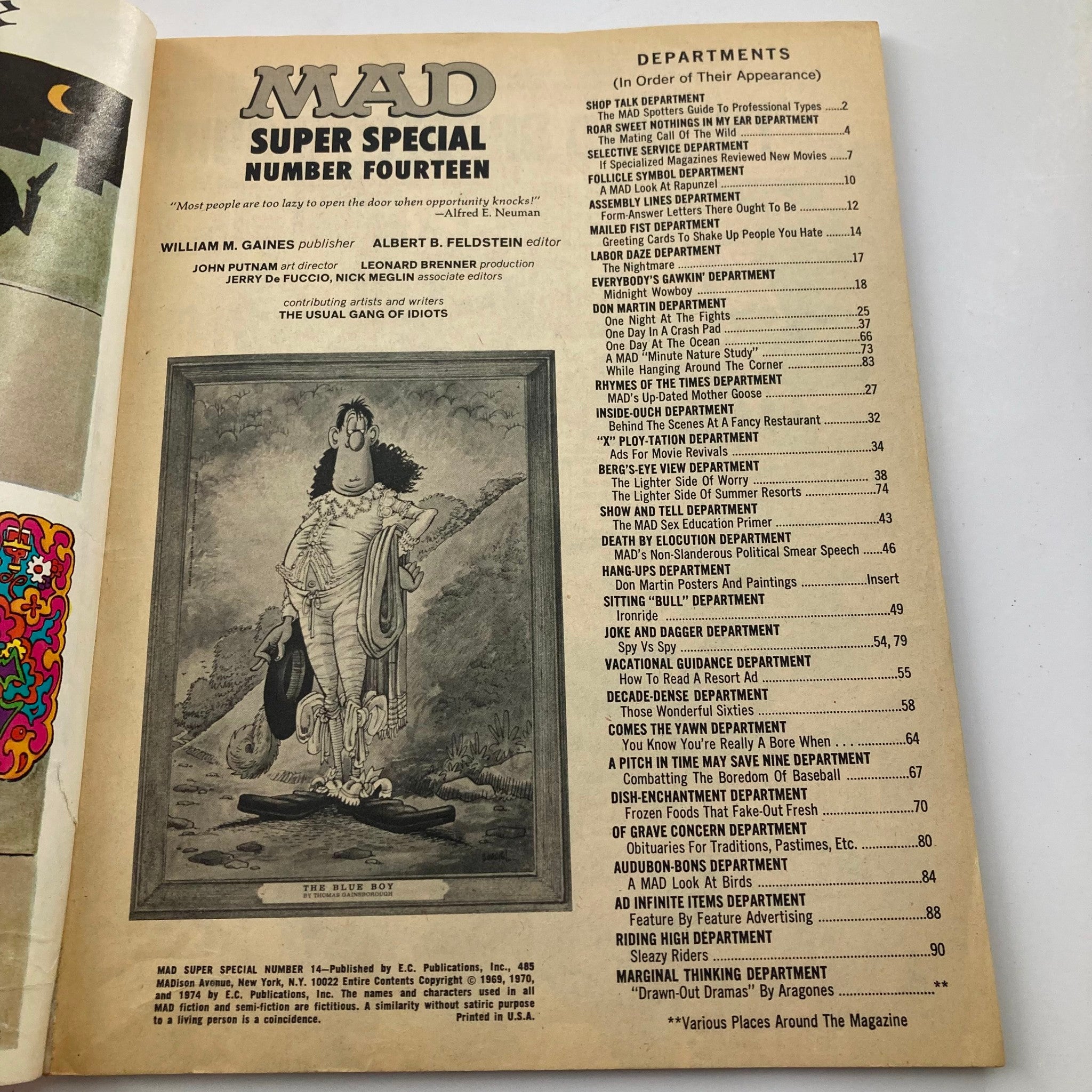 Inside page of Mad Magazine 1974 Super Special No. 14: The Blue Boy featuring a list of departments and contributions, displaying the magazine's unique content and editorial team.
