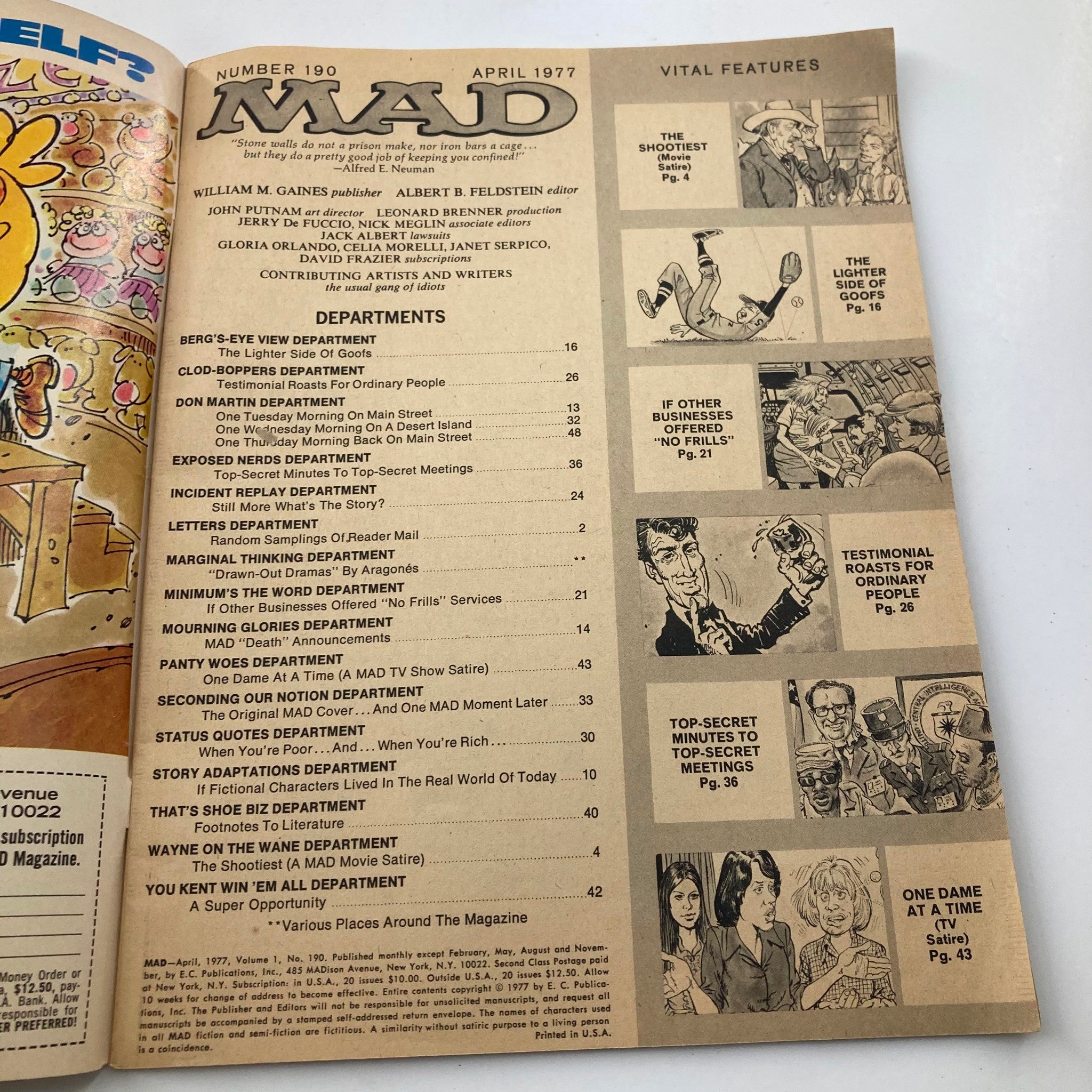 Table of contents for Mad Magazine April 1977 No. 190, showcasing features including 'The Shootist' and other satirical articles.