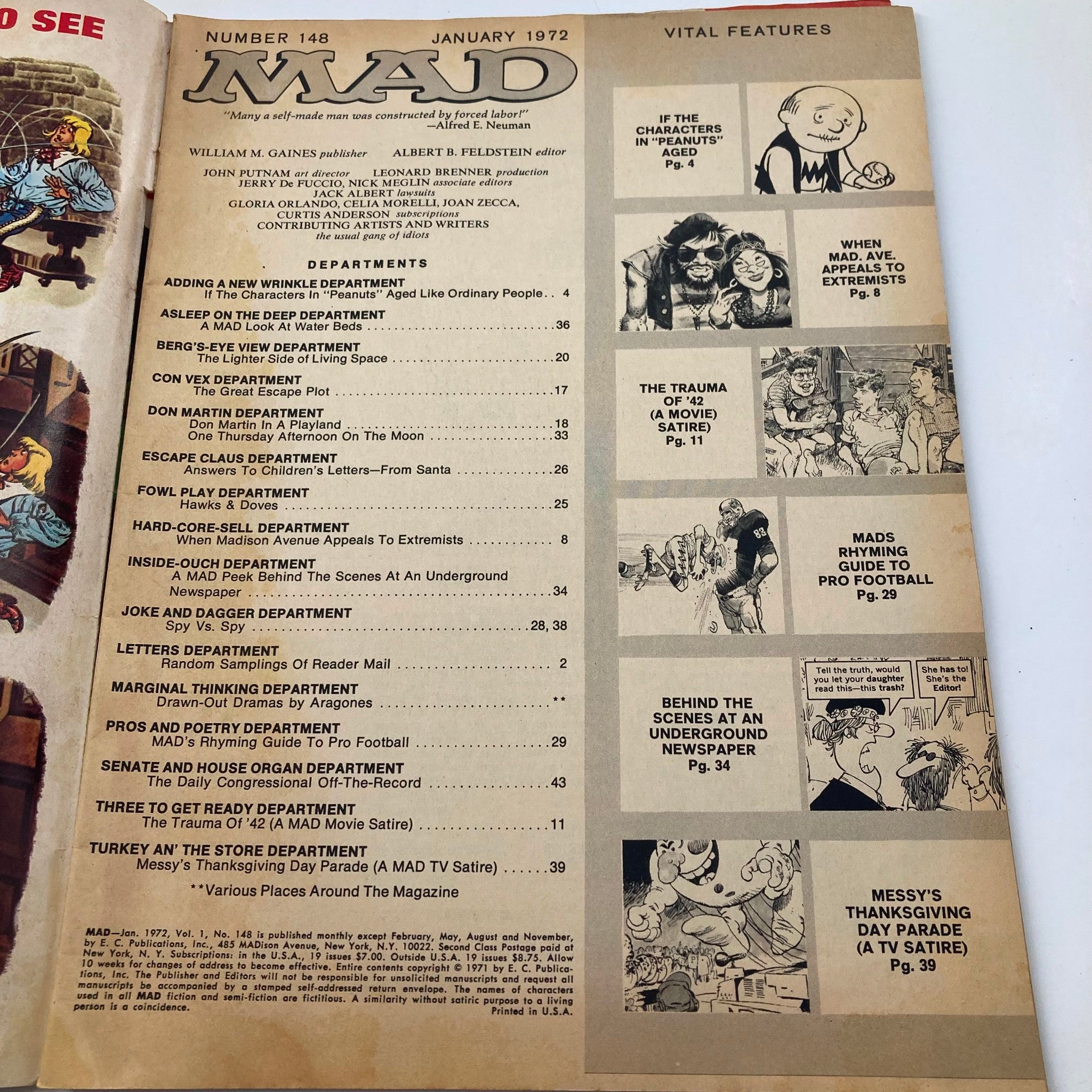 Inside contents page of Mad Magazine January 1972 No. 148 listing various sections including features and humor articles with vibrant illustrations.