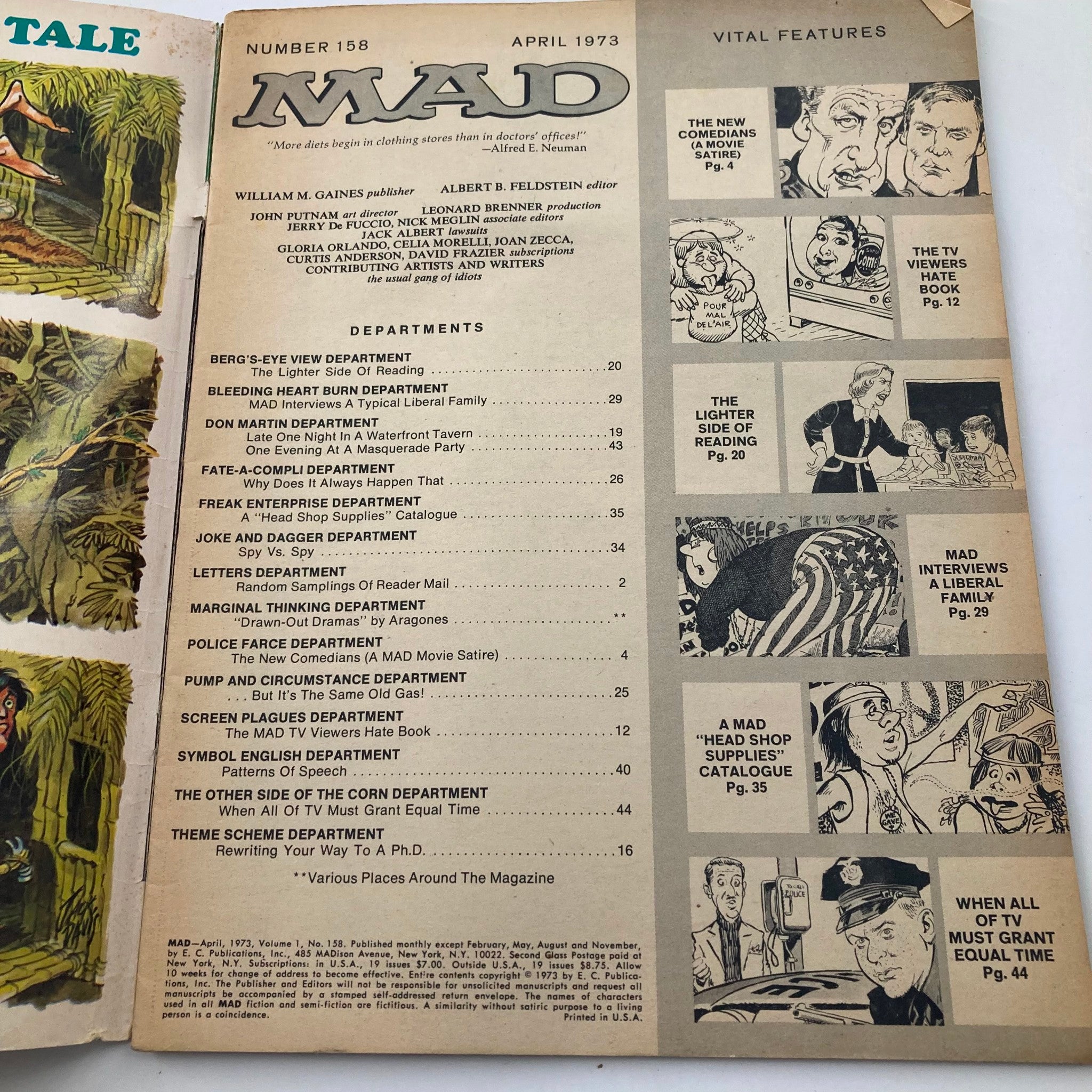 Interior page from Mad Magazine April 1973 No. 158 showcasing various department features, including humor articles, graphics, and content listings in a vintage magazine format.