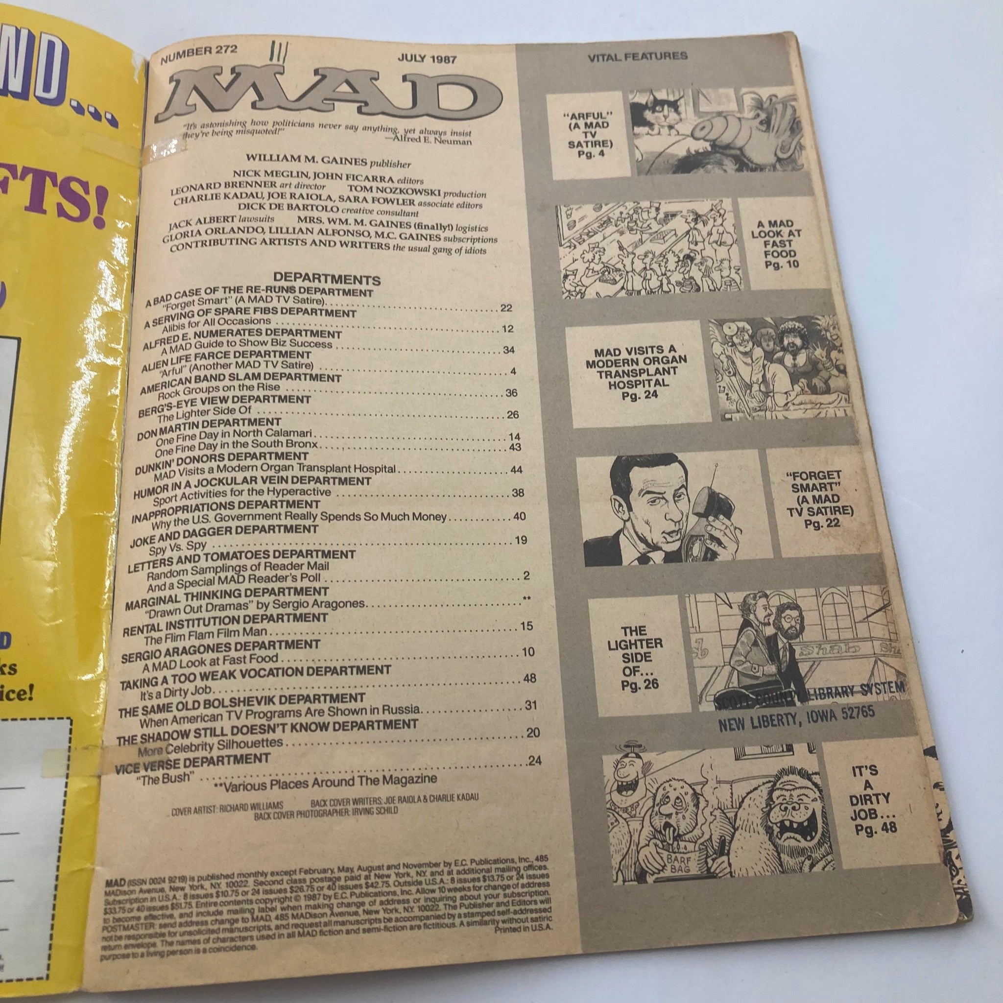 Inside page of Mad Magazine July 1987 No. 272 displaying the table of contents, highlighting the various departments and features in this classic issue.