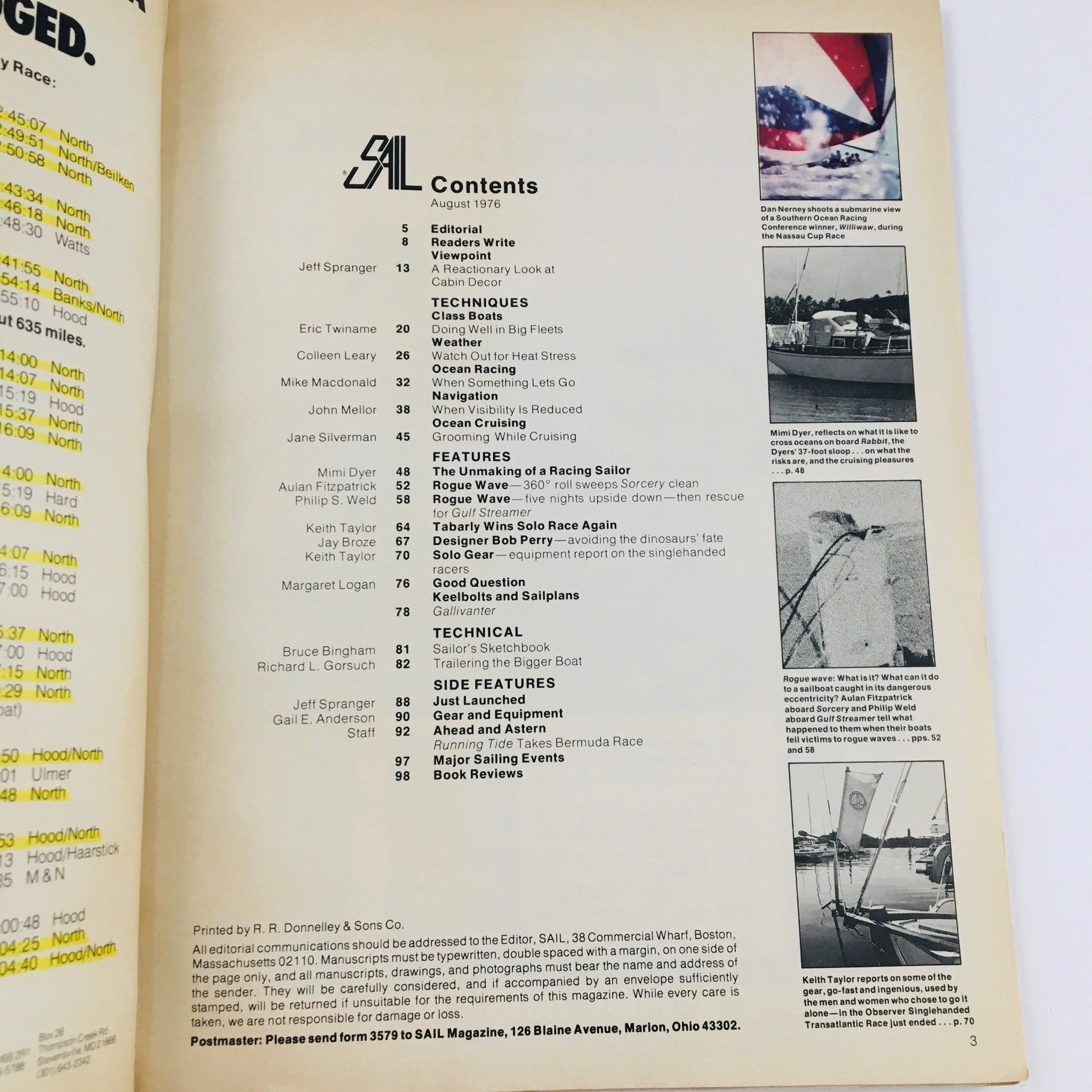Table of contents page of Sail Magazine August 1976, featuring details on articles including 'The Unmaking of a Racing Sailor' by Mimi Dyer and various sailing techniques and features.
