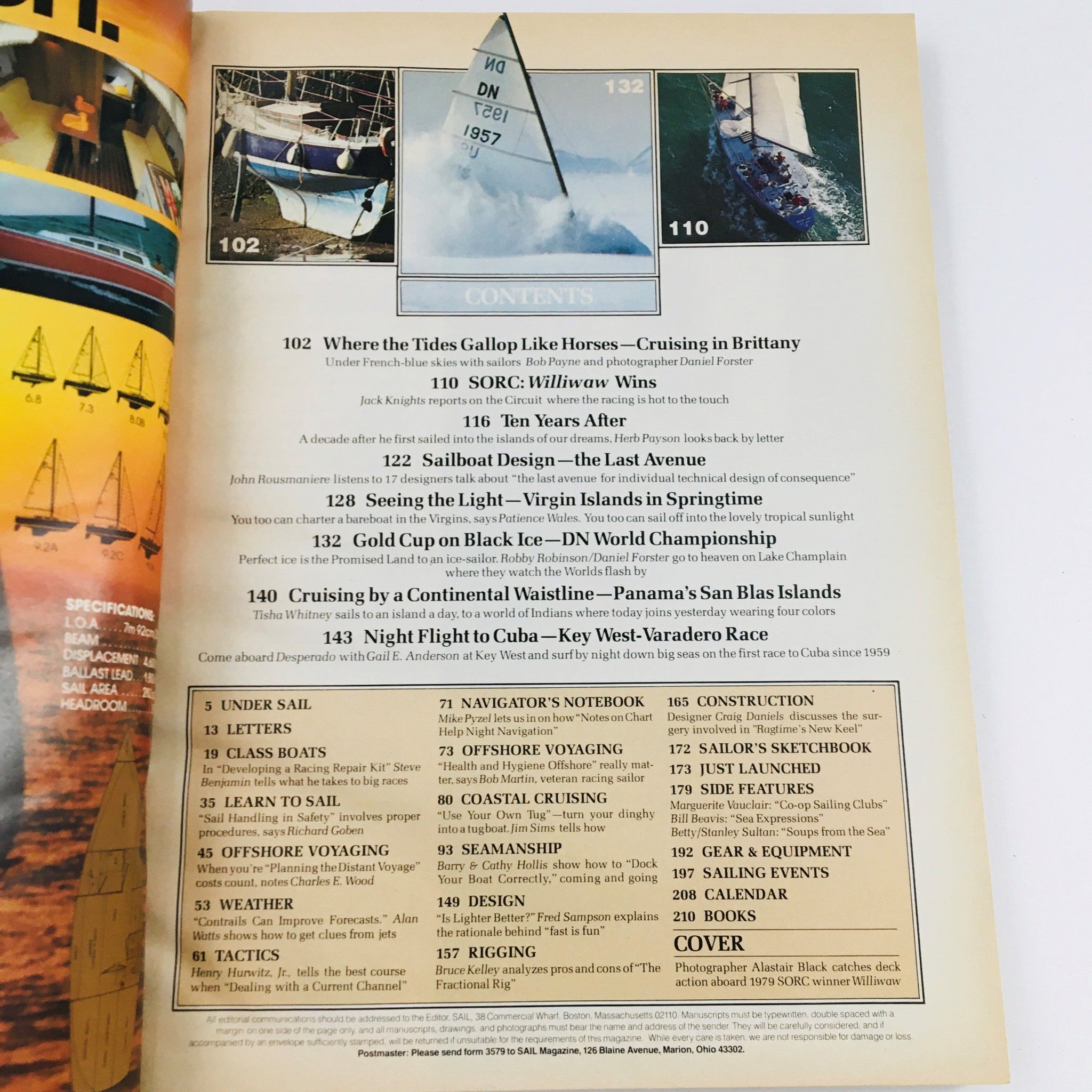 Contents page of Sail Magazine April 1979, highlighting articles including 'SORC: Williwaw Wins' and topics on offshore voyaging and sailboat design, reflecting sailing adventures and tips.