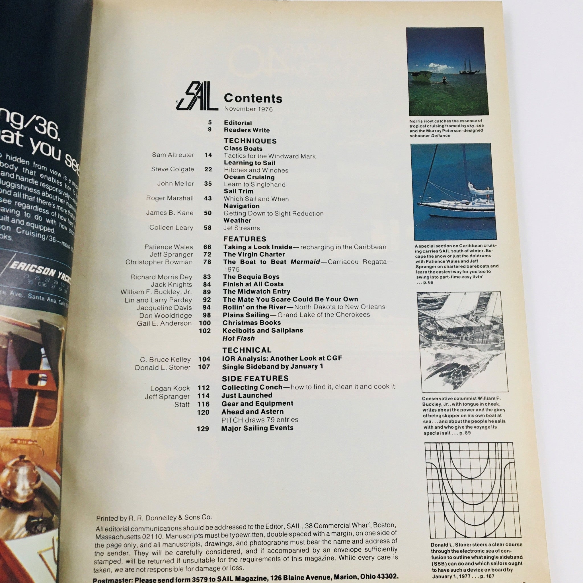 Contents page of Sail Magazine from November 1976 featuring the article on the Murray Peterson-designed schooner Defiance, showcasing various sections including techniques, features, and technical articles related to sailing.