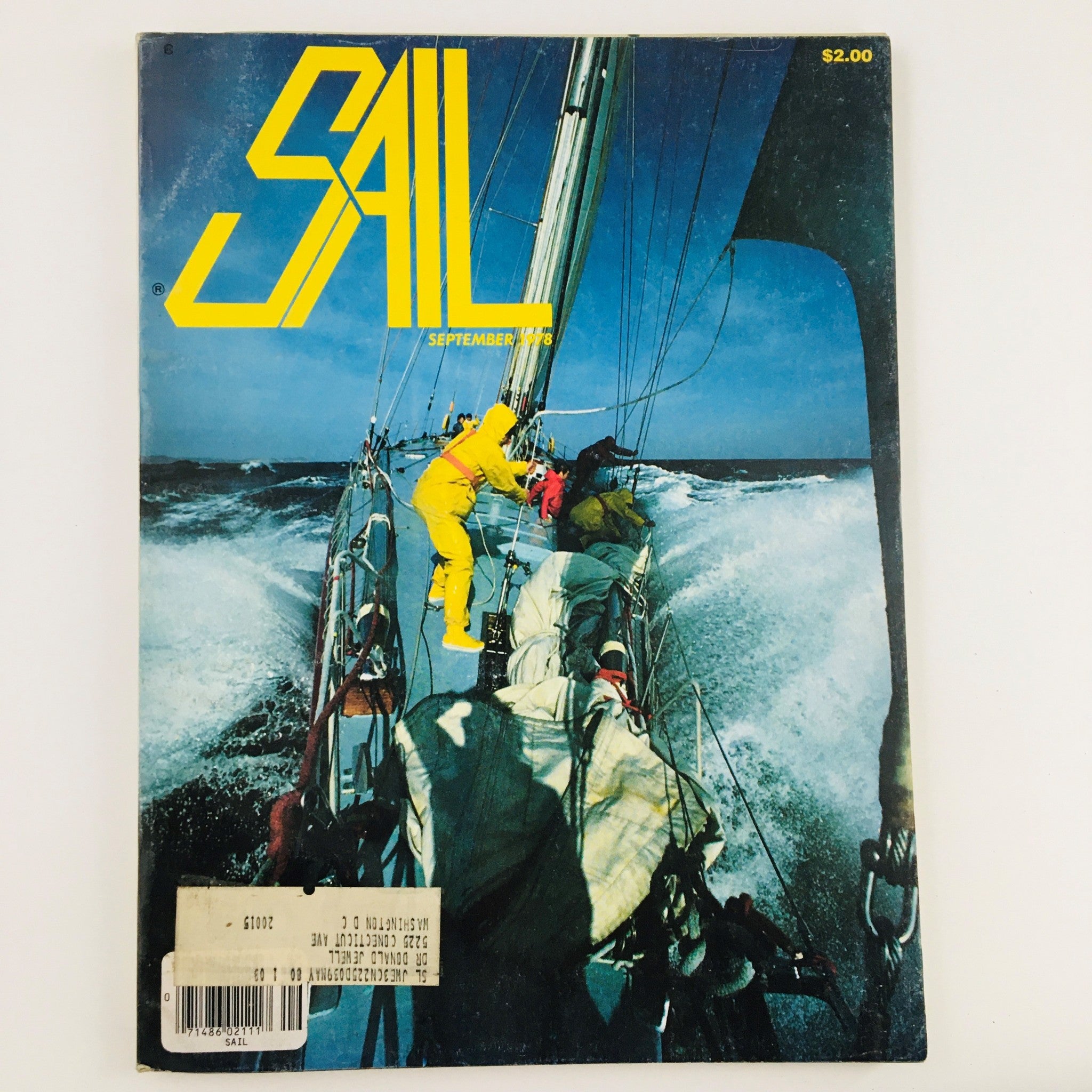 Cover of Sail Magazine from September 1978, featuring a dramatic sailing scene with a crew member in a yellow rain suit on a racing ketch.