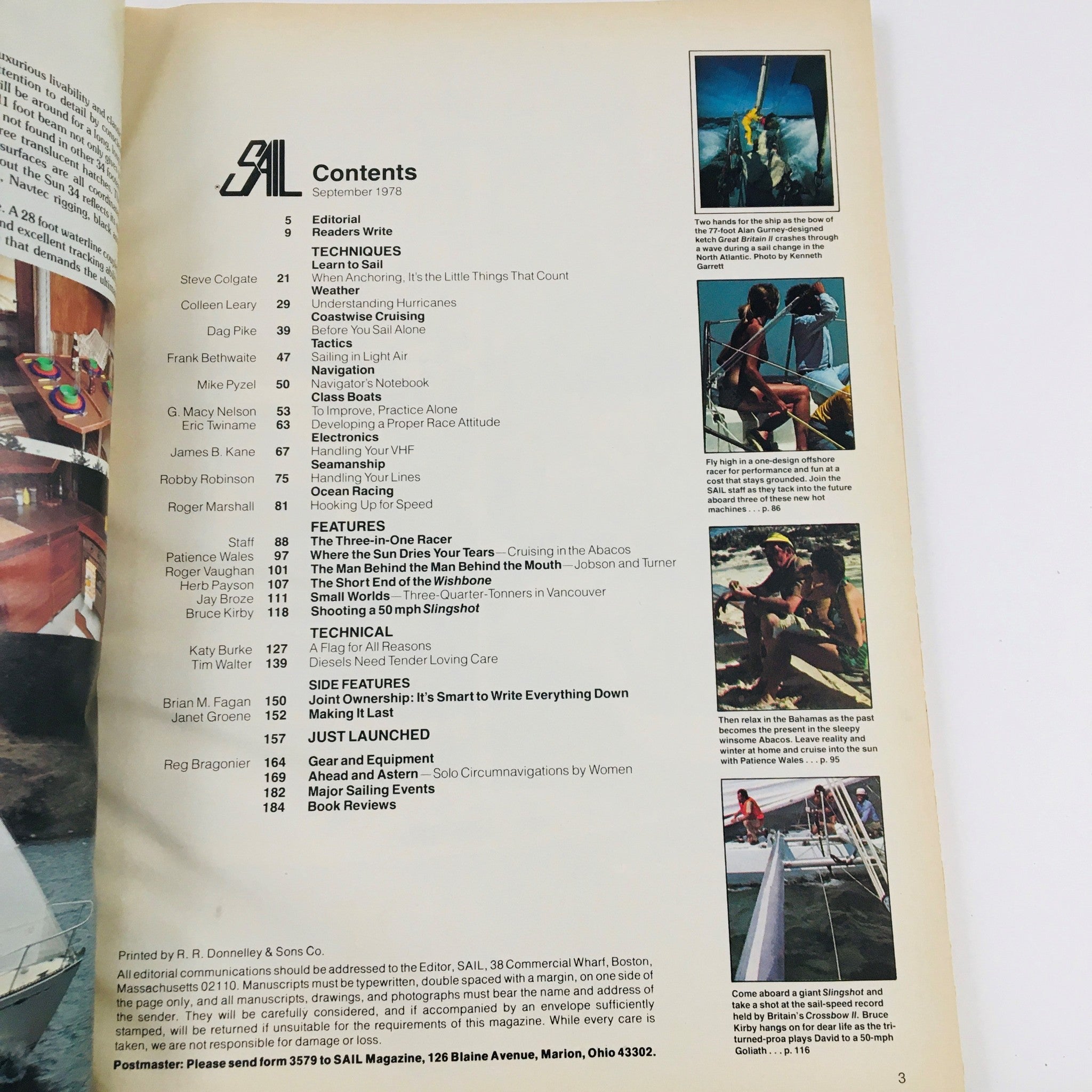 Contents page of Sail Magazine from September 1978, displaying the editorial section and articles related to sailing techniques and features.