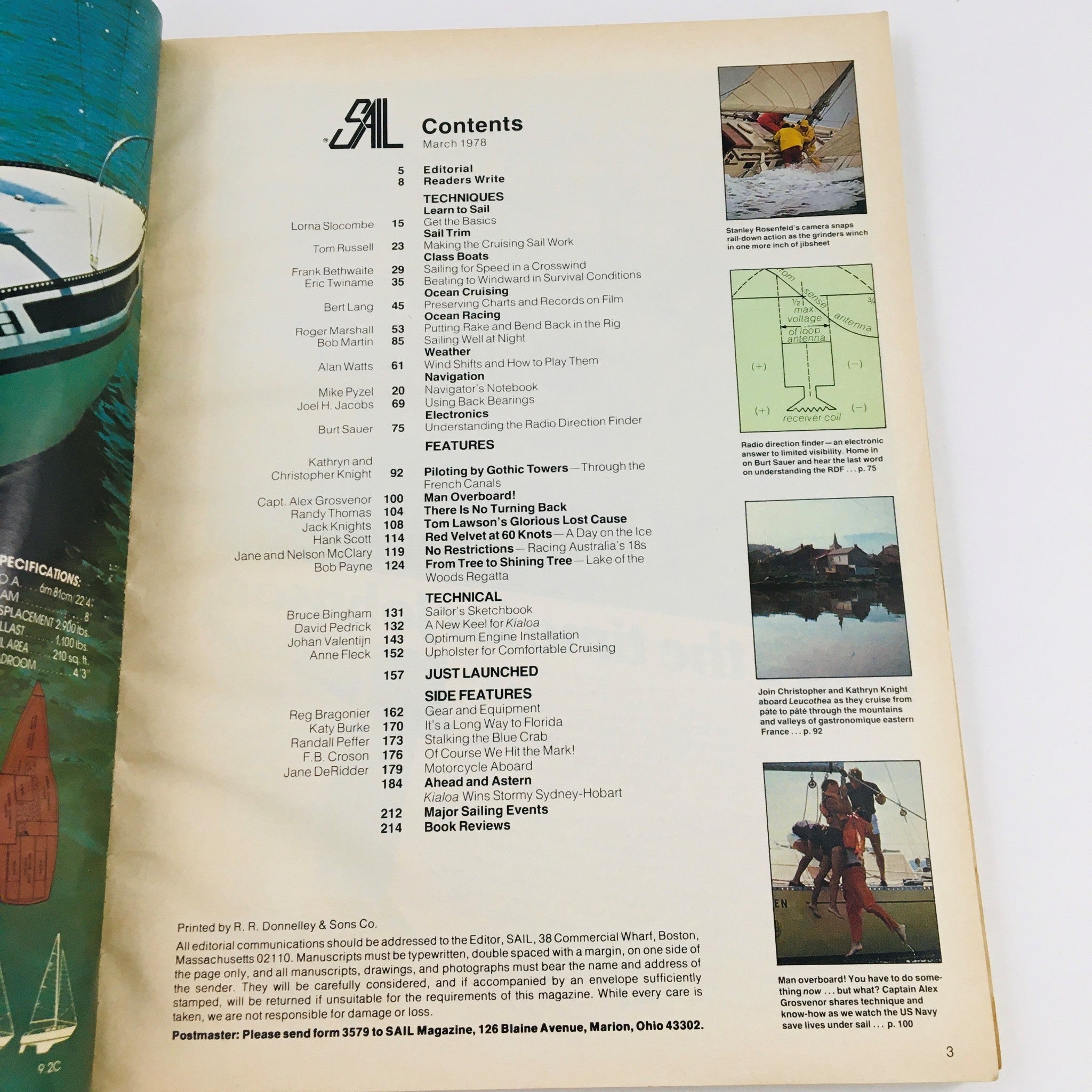 Contents page of Sail Magazine March 1978 listing articles and features, showcasing the magazine's focus on sailing techniques and tips.