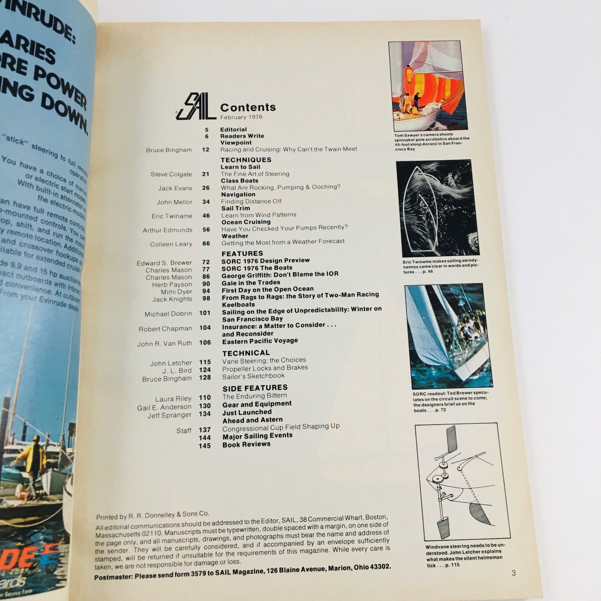 Contents page from Sail Magazine February 1976 outlining articles and features, including spinnaker techniques and sailing insights.