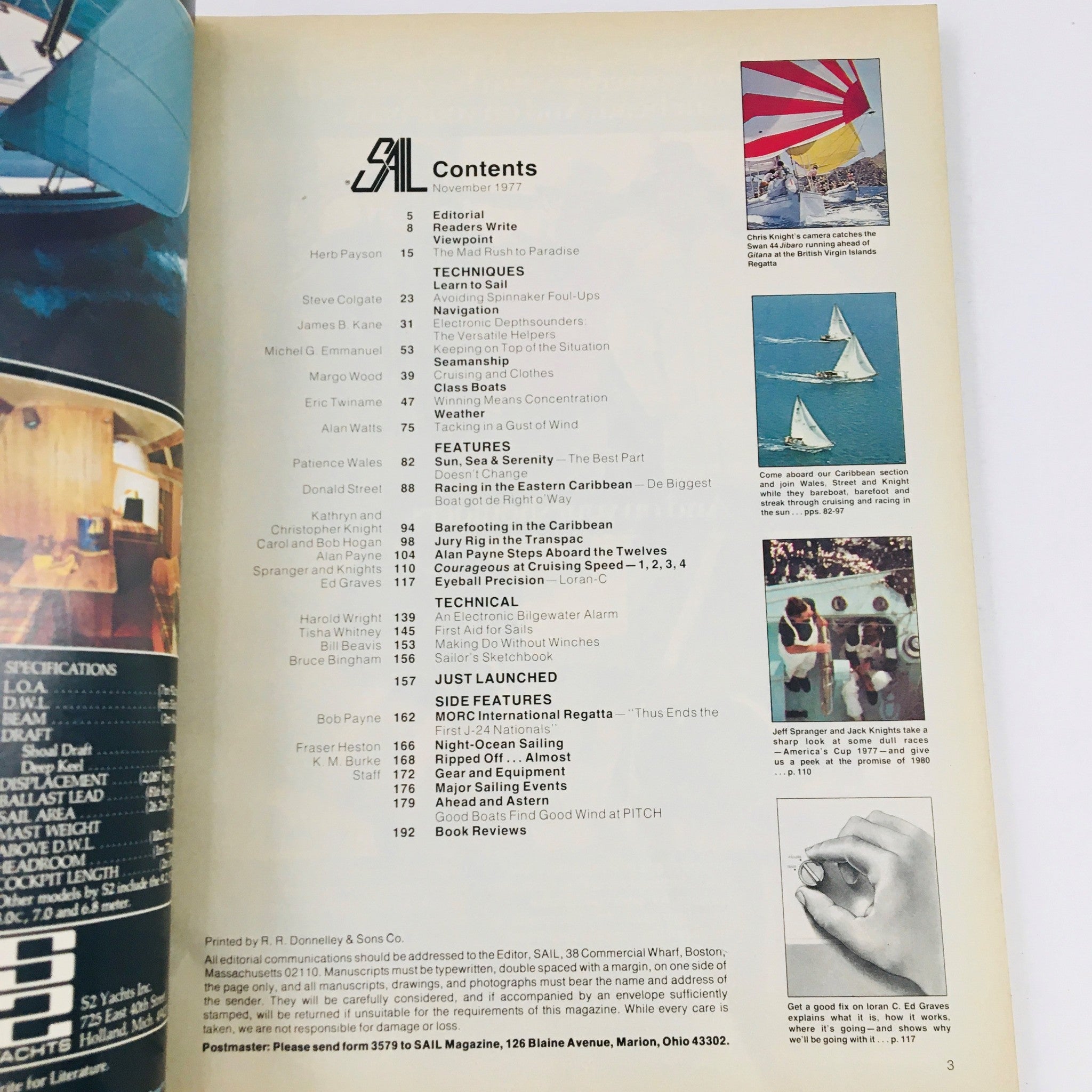 Contents page of Sail Magazine November 1977 showcasing various articles related to sailing techniques, features, and side features.
