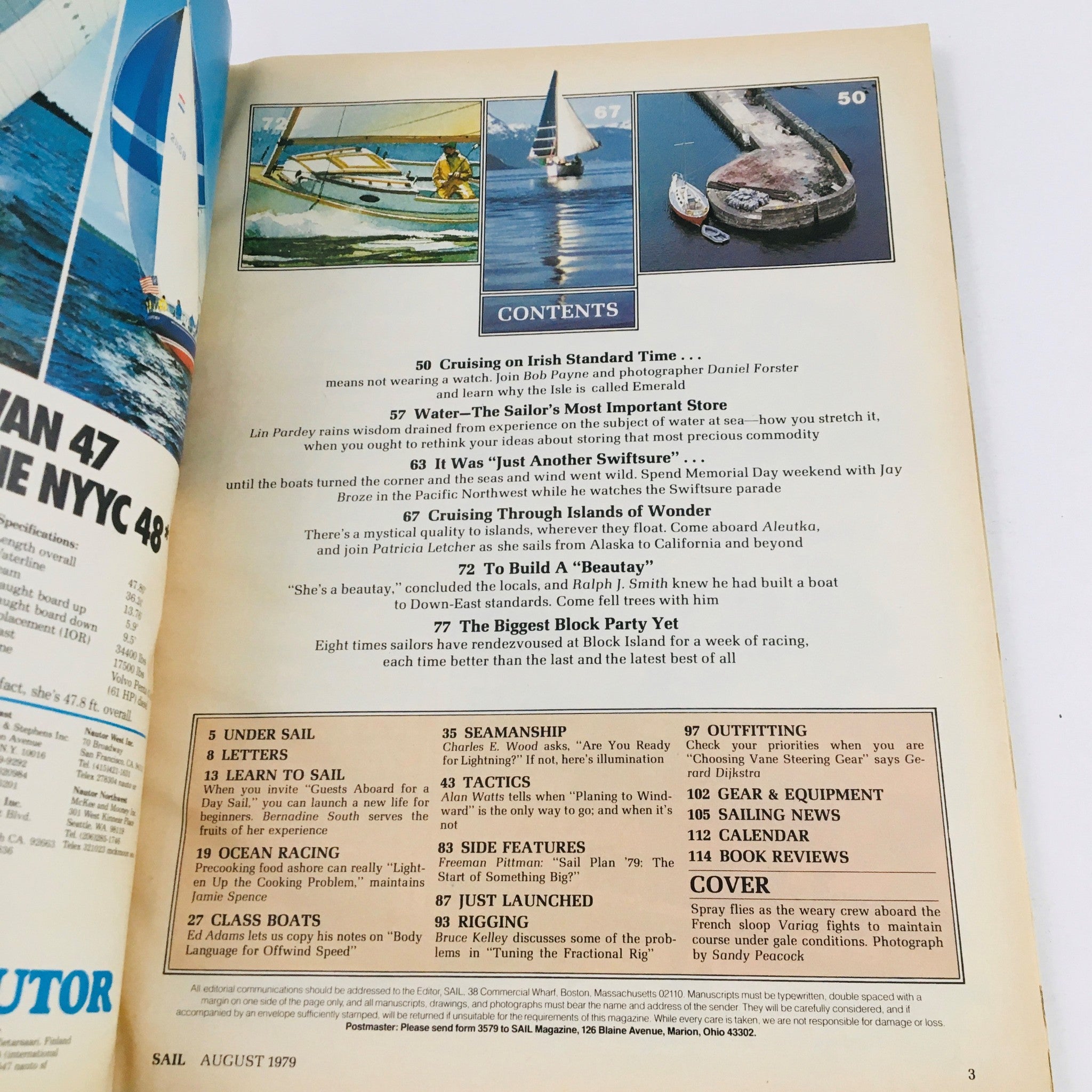 Inside content page of Sail Magazine August 1979, showcasing articles and features with a focus on water resource management for sailors.