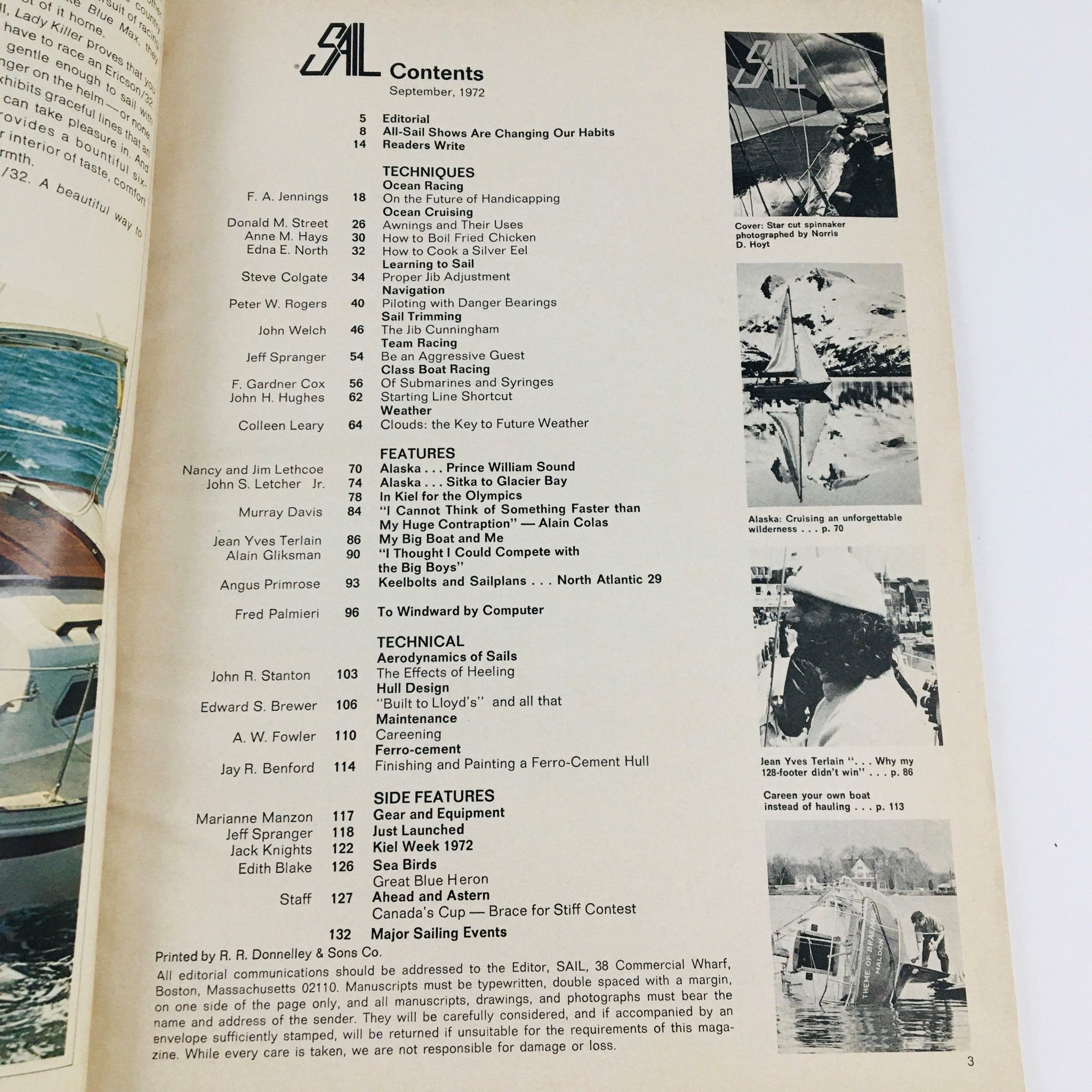 Contents page of Sail Magazine September 1972, detailing articles and features, including techniques, features on sailing, and side features, highlighting a sailboat on the water.