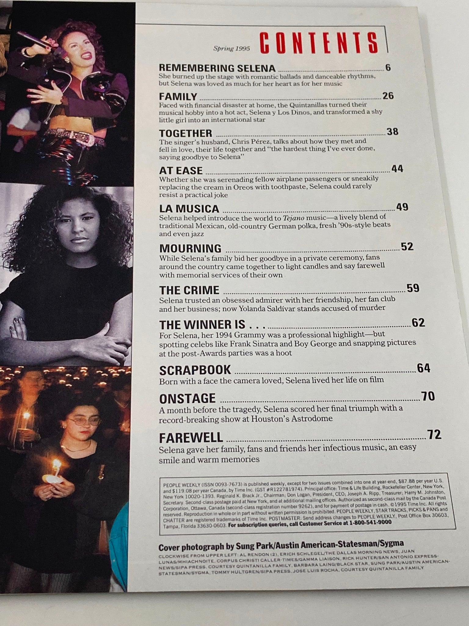 Contents page of the People Weekly Magazine Spring 1995, highlighting tribute articles about Selena Quintanilla's life and contributions to music.