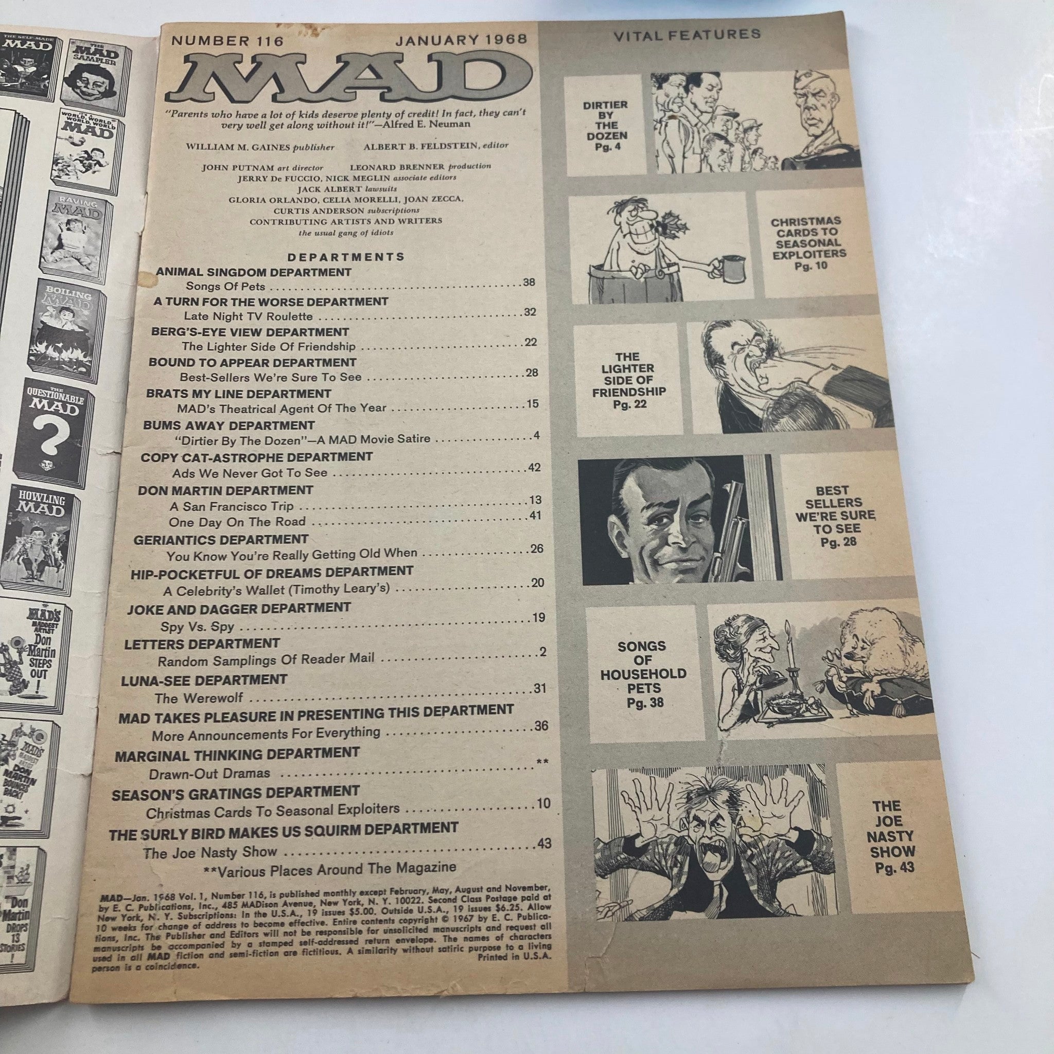 Inside page of Mad Magazine January 1968 No. 116, showcasing the table of contents with various department titles and graphics.