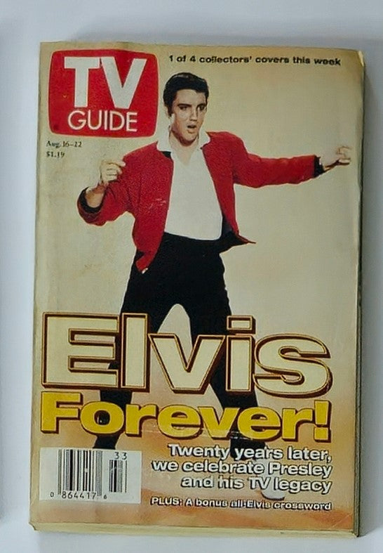 TV Guide Magazine August 16, 1997, featuring Elvis Presley on the cover, celebrating his legacy with the text 'Elvis Forever!'. This collectible magazine captures the essence of the King of Rock 'n' Roll.