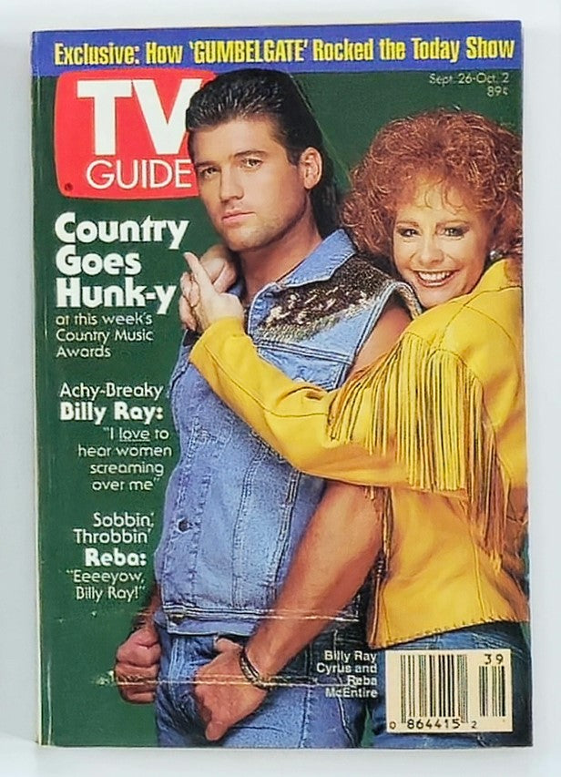 Cover of TV Guide Magazine from September 26, 1992 featuring Billy Ray Cyrus and Reba McEntire, highlighting 'Country Goes Hunk-y' at the Country Music Awards.