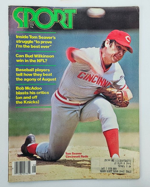 Cover of Vintage Sports Magazine August 1978 featuring MLB star Tom Seaver of the Cincinnati Reds, showcasing his pitching action and highlights of sports articles within.
