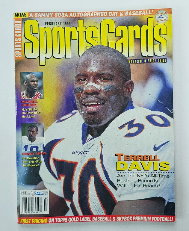 February 1999 Sports Cards Magazine featuring Michael Jordan and Terrell Davis on the cover, highlighting Terrell Davis' NFL achievements and showcasing vintage sports memorabilia.