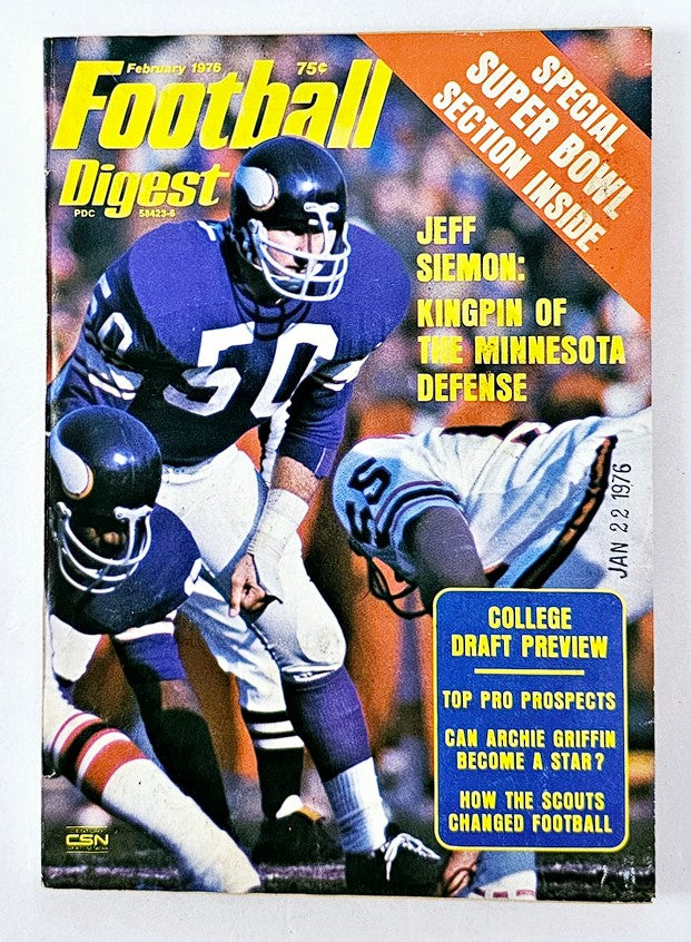 VTG Football Digest Magazine February 1976 featuring Jeff Siemon on the cover, highlighting his role as the Kingpin of the Minnesota Defense in a dynamic sports era.