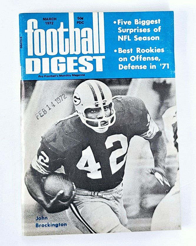 VTG Football Digest Magazine March 1972 featuring John Brockington on the cover, showcasing a colored image of Brockington in a football uniform with jersey number 42, holding a football. The magazine highlights key NFL season moments and rookie players from 1971.