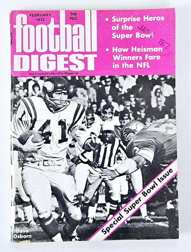 Vintage Football Digest Magazine February 1972 featuring Dave Osborn on the cover, highlighting Super Bowl surprises and Heisman winners in the NFL.