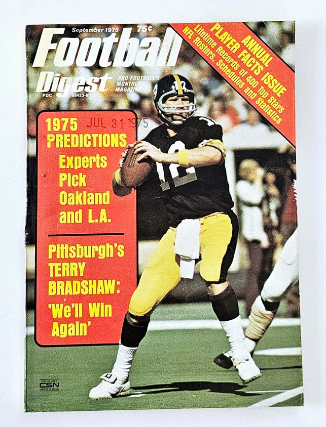 Cover of VTG Football Digest Magazine from September 1975 featuring Pittsburgh's Terry Bradshaw, highlighting season predictions, expert picks, and articles on NFL player statistics.