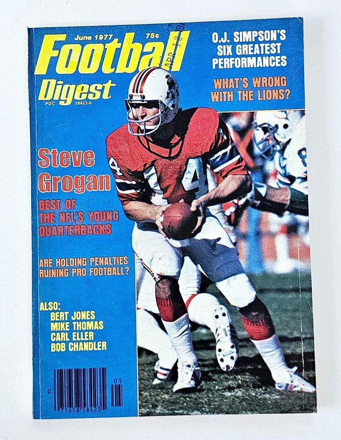 Cover of VTG Football Digest Magazine June 1977 featuring NFL quarterback Steve Grogan, highlighting young quarterbacks and notable NFL performances.