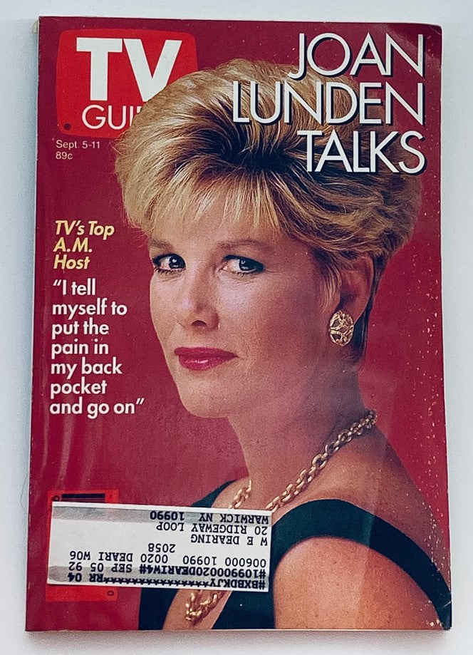 Cover of TV Guide Magazine September 5, 1992 featuring an article titled 'Joan Lunden Talks'. The design showcases a close-up of Joan Lunden with her signature hairstyle, adorned with elegant earrings, and highlights her role as a prominent morning television host.