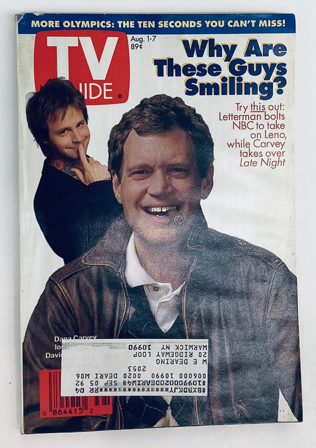 Cover of TV Guide Magazine dated August 1, 1992, featuring Dana Carvey and David Letterman, with the headline 'Why Are These Guys Smiling?'. This vintage magazine is a valuable piece of 90s television history.