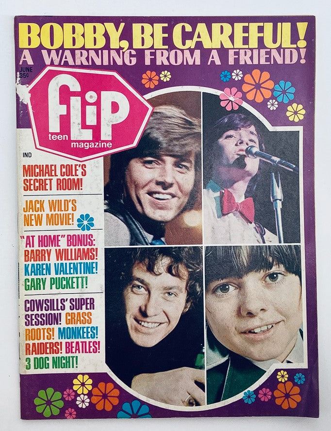 VTG Flip Teen Magazine June 1970 cover featuring a collage of stars including Michael Cole, Jack Wild, and Gary Puckett, with vibrant floral designs and the title 'Bobby, Be Careful! A Warning from a Friend!'. This vintage magazine captures the essence of 1970s teen culture.