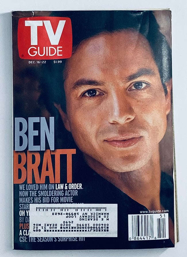 TV Guide Magazine December 16 2000 featuring Ben Bratt on the cover in Law & Order NY Metro Edition, highlighting his performance and iconic role as a detective.