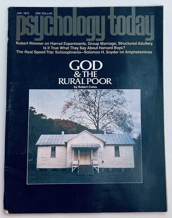 Cover of the Psychology Today magazine from January 1972 featuring the title 'God & The Rural Poor' by Robert Coles, showcasing a rural white house with a tree in the background.