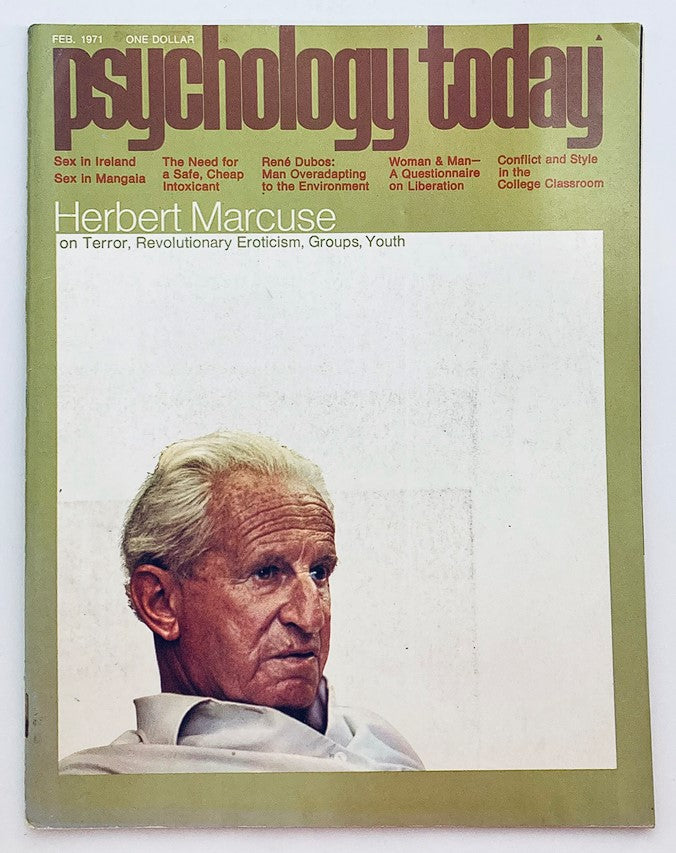 Cover of Psychology Today magazine from February 1971 featuring Herbert Marcuse discussing terror, revolutionary eroticism, and societal issues. A vintage collectible item highlighting 1970s cultural and political context.