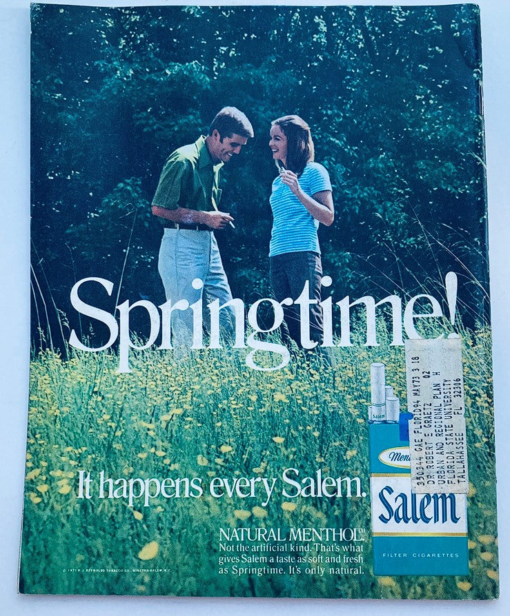 Vintage advertisement for Salem cigarettes titled 'Springtime!' featuring a young couple in a natural setting. This 1971 magazine ad captures the essence of fashion and lifestyle during that era.