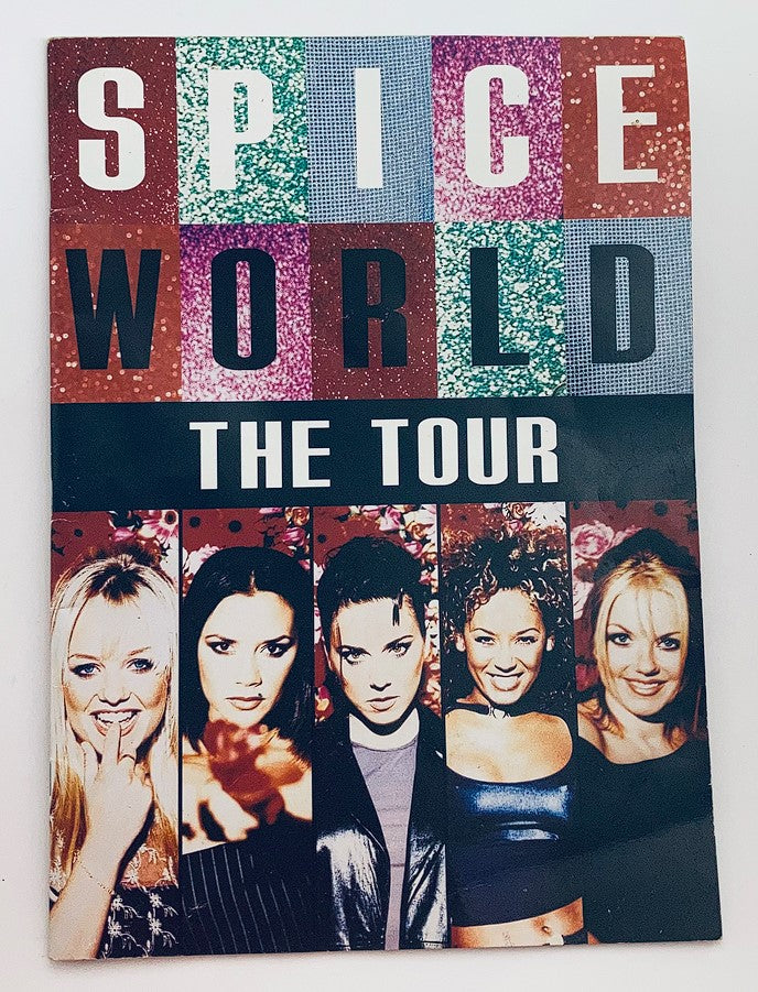 1998 Spice Girls - Spice World The Tour Program cover featuring the iconic band members showcased in vibrant colors and sparkling backgrounds, celebrating the peak of girl power in pop culture.