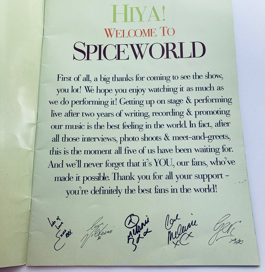Inside page from the 1998 Spice Girls - Spice World The Tour Program welcoming fans with a handwritten message from the band, expressing gratitude for their support during the tour.