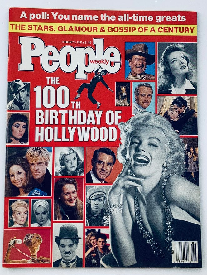 People Weekly Magazine February 9 1987 cover featuring iconic figures such as Marilyn Monroe and Charlie Chaplin, celebrating the 100th Birthday of Hollywood with a collage of classic celebrities.