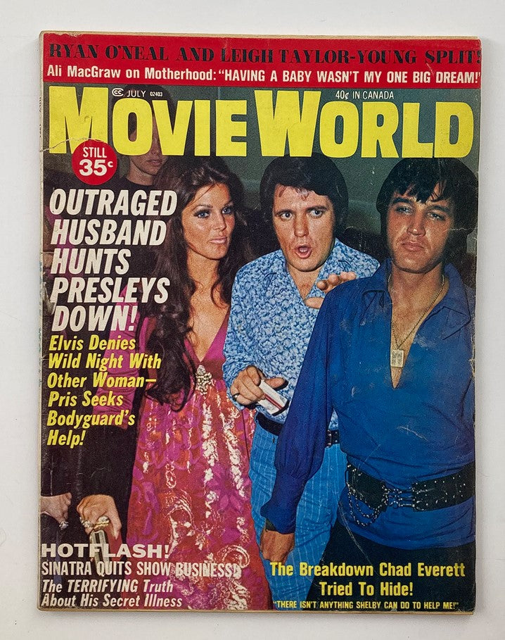Cover of Movie World Magazine, July 1971 featuring Elvis Presley and Ali McGraw with headlines about cinematic events.