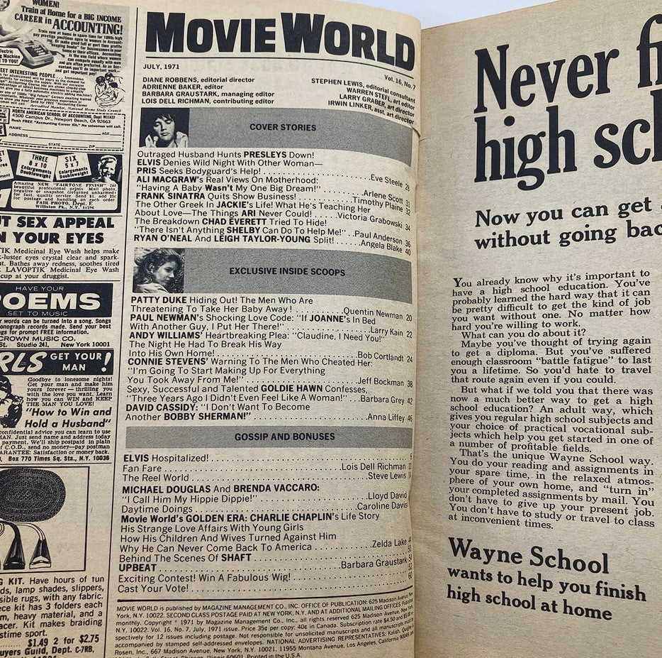 Interior page of Movie World Magazine, July 1971 showcasing exclusive inside scoops and gossip about legendary Hollywood figures.
