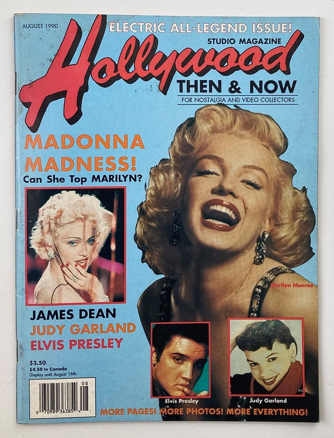Cover of Hollywood Studio Magazine Then & Now August 1990 featuring iconic figures Marilyn Monroe and Madonna, showcasing vintage Hollywood glamour with other legends like James Dean and Elvis Presley.